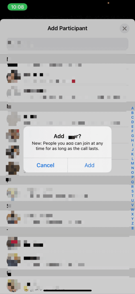 Screen showing the adding of participants to a conference call on WhatsApp