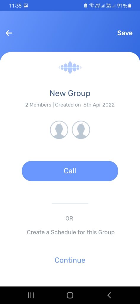 grptalk screen showing a created group