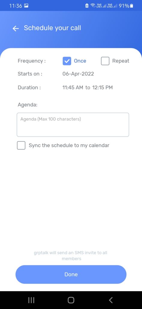 Screen showing how to schedule a conference call on grptalk