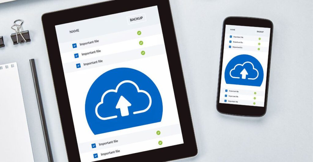 A tablet and phone showing the back up of important files 