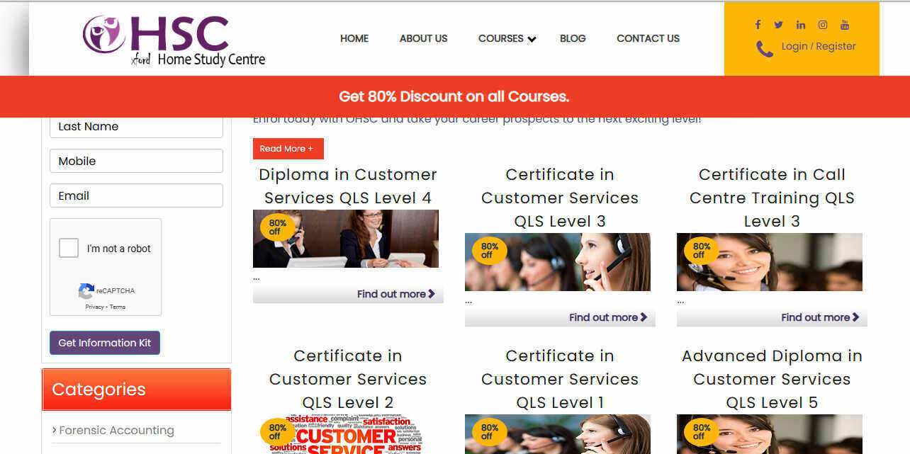 Oxford Home Study College | HSC website homepage showing different customer service courses