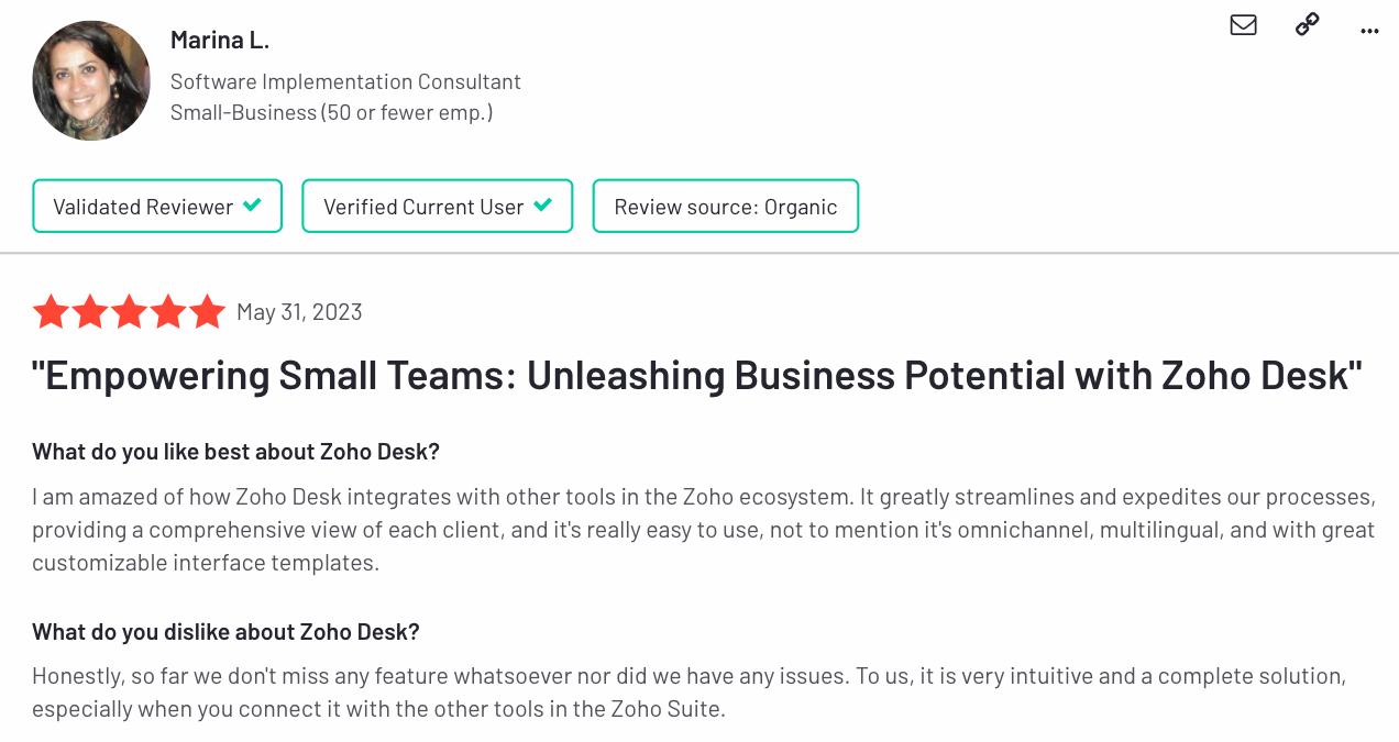10 Best Customer Experience Solutions for Your Business | Zoho Desk customer review