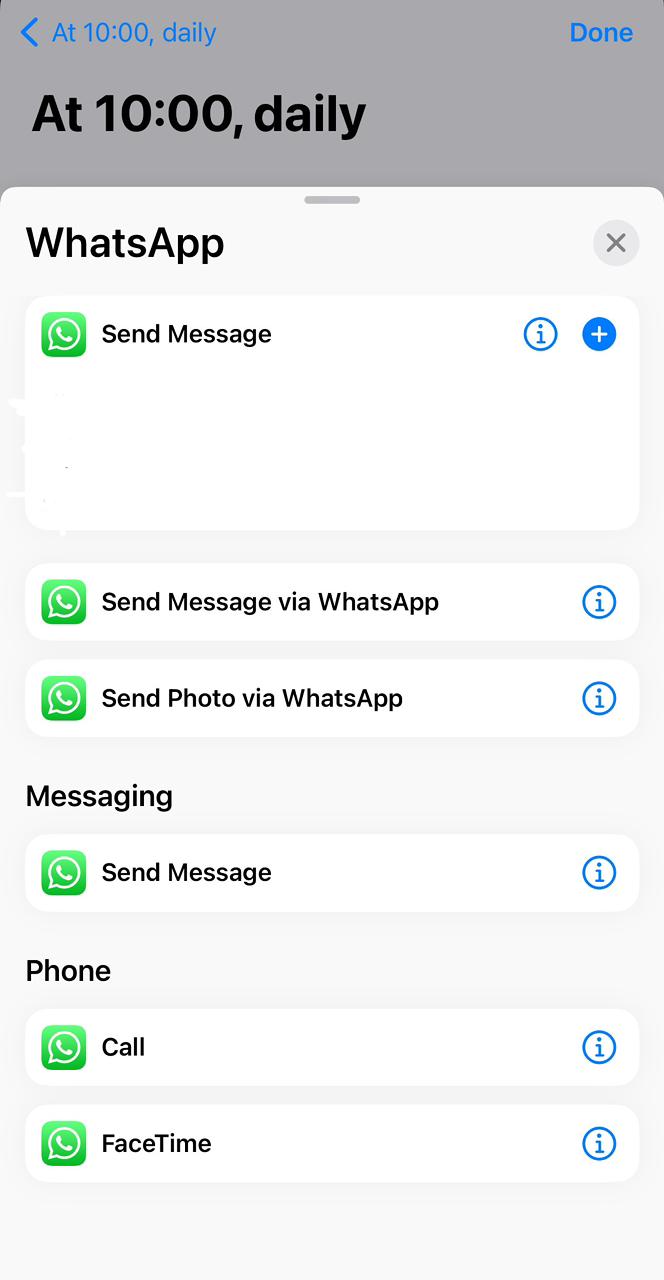 How to schedule messages on normal WhatsApp using an iPhone | Step 5: Click on the “Next” icon and then click on the “New Blank Automation” Action. Select “Add Action” and type WhatsApp in the search bar.
